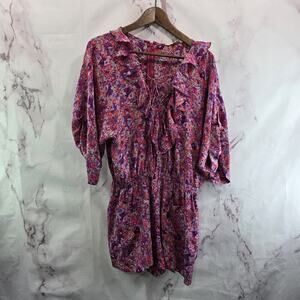 Rebecca Taylor Romper Womens 4 Small Pink Floral Silk Cuffed Jumpsuit Shorts